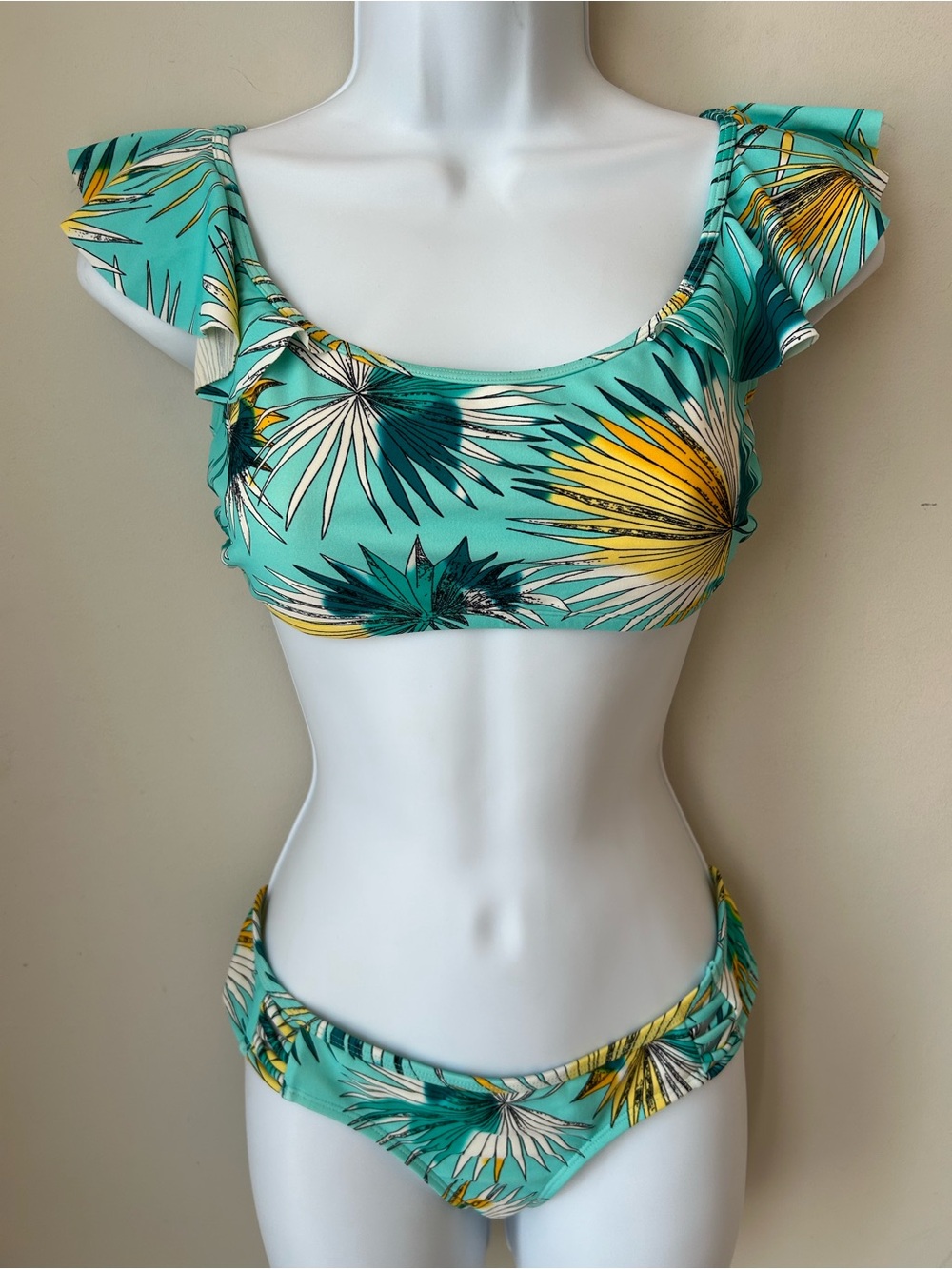 Eidon Tropical Floral Flutter Sleeve Bikini Set Aqua Turquoise Retro S